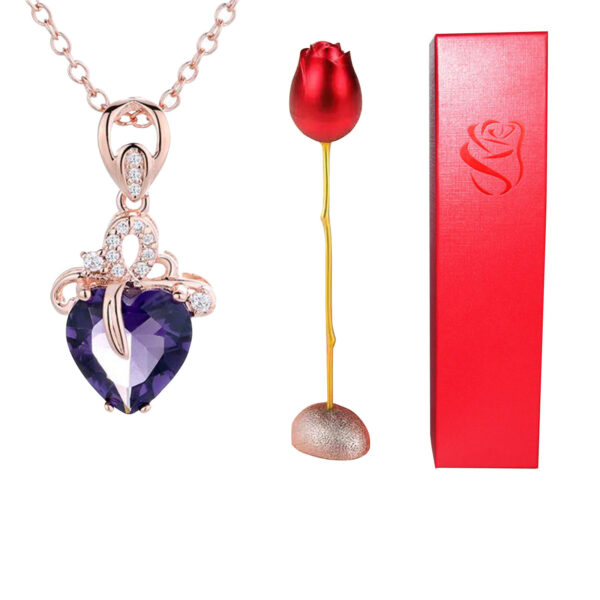 Valentines Day Gift Heart Shaped Blue Purple Crystal Diamond Pendant Rose Head Necklace - Image 6